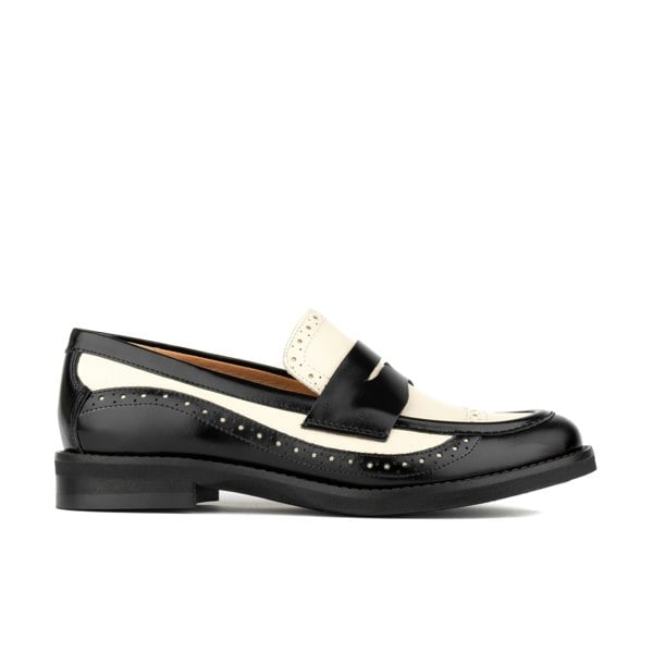 Embassy London Angelina - Black & Cream - Women's leather almond toe penny loafer with broguing