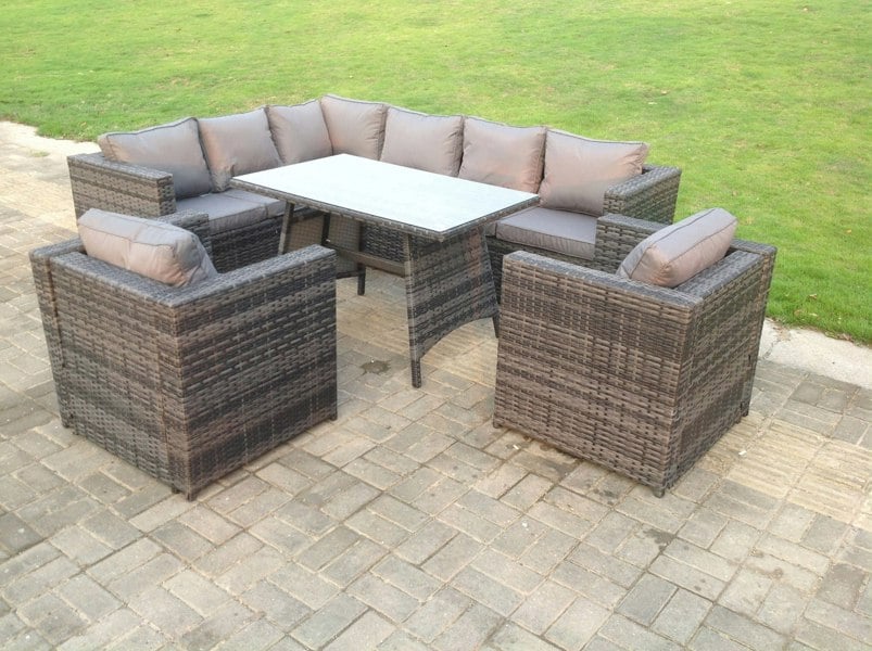 Fimous Rattan Corner Sofa Set Garden Furniture With 2 Chairs And Dining Table Left Hand