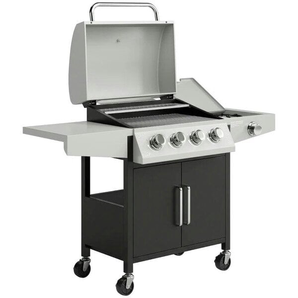 Bobobiy 4+1 Burner Gas BBQ Grill with Side Burner, 14.5 kW Steel Portable Gas Barbecue Grill with Built-in Thermometer, Lid