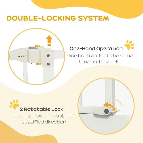 White pet gate with double-locking system and one-hand sliding operation