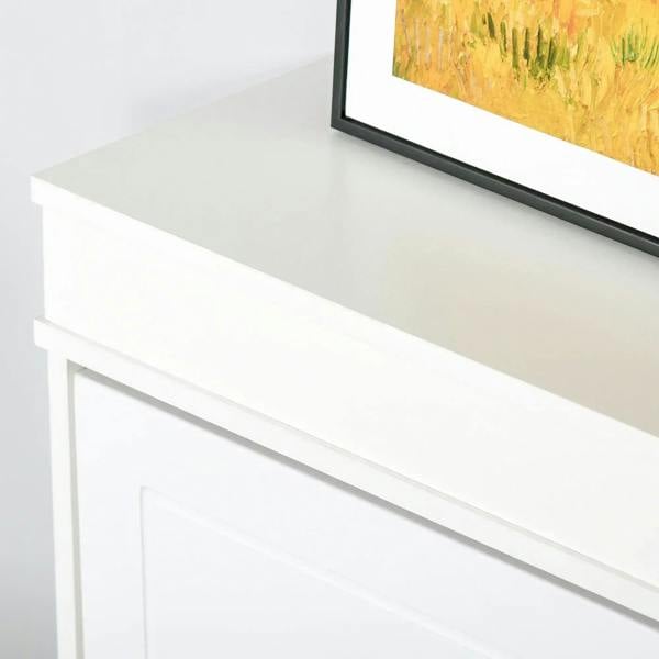 White shoe cabinet top and front panel with inset drawer doors