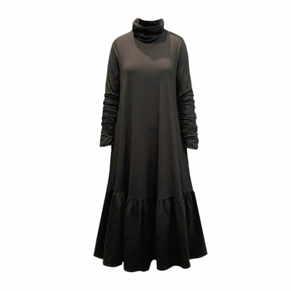 This is the front view of a black dress with ruched turtle neck and sleeves. It is silhouetted against a white background. The sleeves are full length and there is a deep frill around the hem.