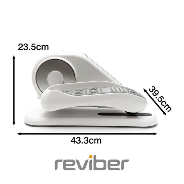 The Reviber Motorised Mini Elliptical Bike, in white, measures 23.5 cm tall, 43.3 cm wide, and 39.5 cm deep. It features textured footrests for comfortable seated exercise and is shown side profile on a white background with the Reviber logo below.