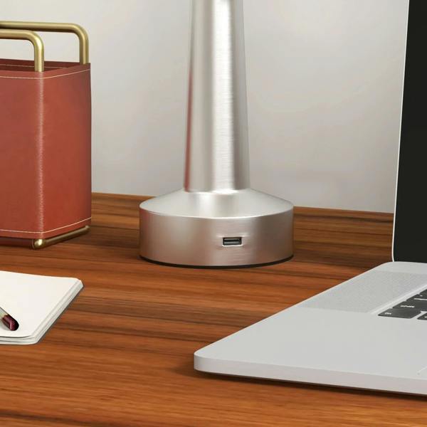 Silver cordless table lamp base with touch control button and charging port