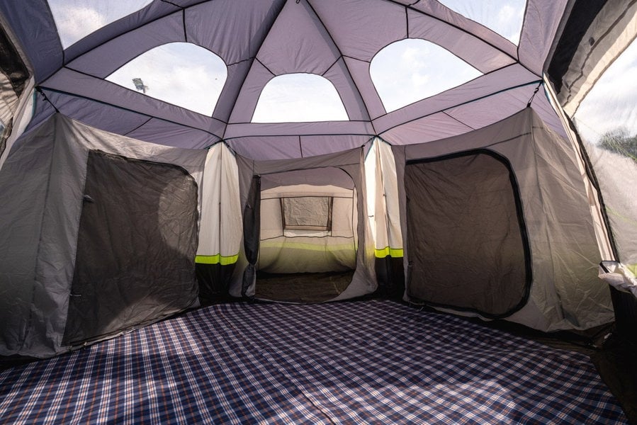 An image showing the three two berth inner tents and the skylights of the Hive 6 Berth Poled Tent by OLPRO