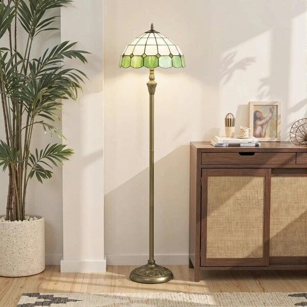 Tiffany-Style Floor Lamp with Handcrafted Stained Glass Shade, 152cm Tall Vintage Standing Lamp, Bronze Tone and Green