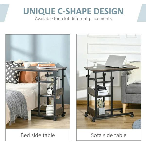 Industrial C-shaped side table with rustic brown tabletop and open storage shelves on wheels