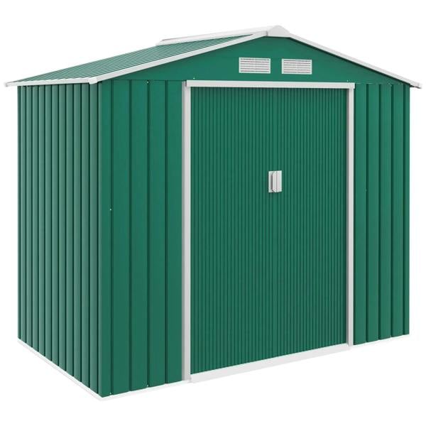 Green metal garden storage shed with double doors, sloped roof, and ventilation panels