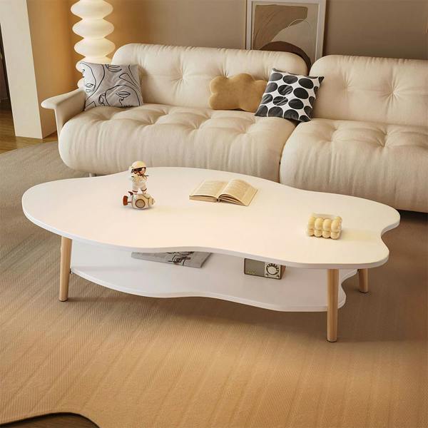 Havendro White 2-Tier Cloud Coffee Table Modern Living Room Desk with Storage Shelf