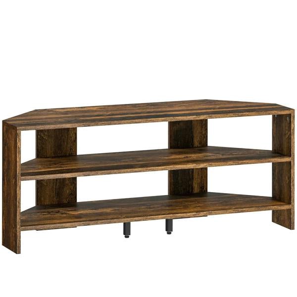 Rustic brown corner TV stand with two open shelves and flat top
