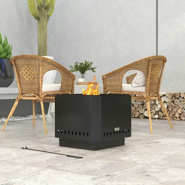 Smokeless Fire Pit, 48 cm Portable Wood Burning Firepit, Square Metal Bonfire Stove with Poker, Black - Black