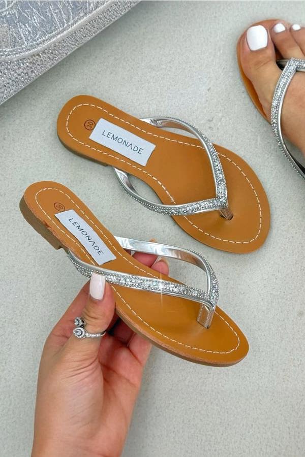 Little Lemmy Crystal Sparkle Flip Flops Silver featuring crystal sparkle strap detailing for a fun, shimmering finish