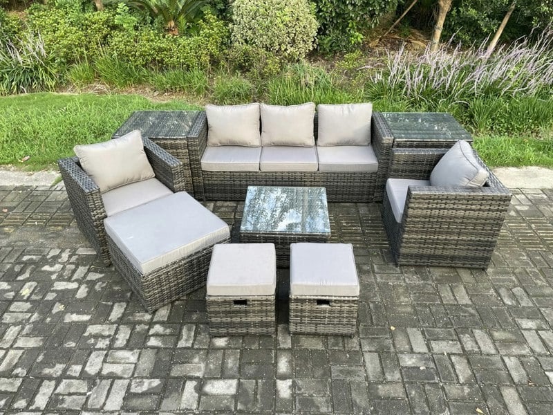 Fimous 8 Seater Dark Grey Mixed Rattan Outdoor Sofa Set - 2 Side Tables, Armchair, Square Coffee Table & 3 Footstools