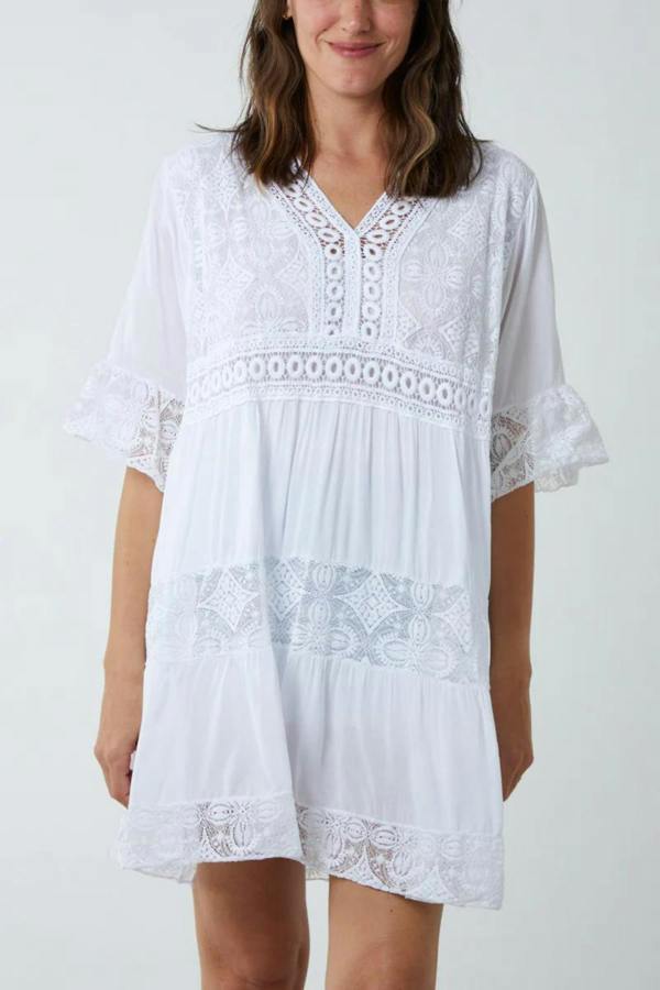 Hoxton Gal Oversized 3/4 Sleeves Lace Detailed V Neck Mini Dress in White