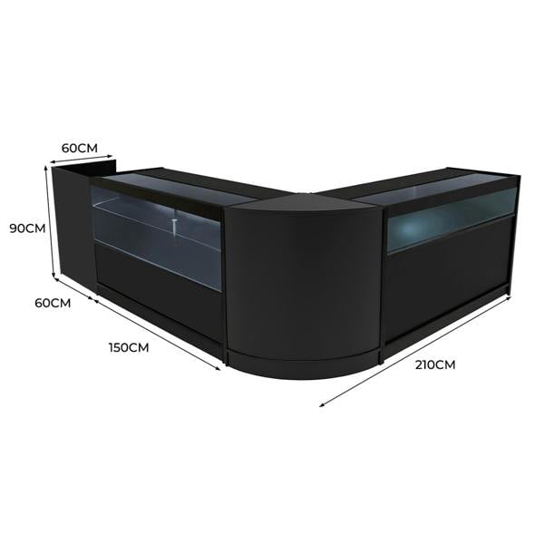 Gravity LED Shop Counter Set in black, featuring sleek curved design, glass display sections, and precise dimensions for retail use