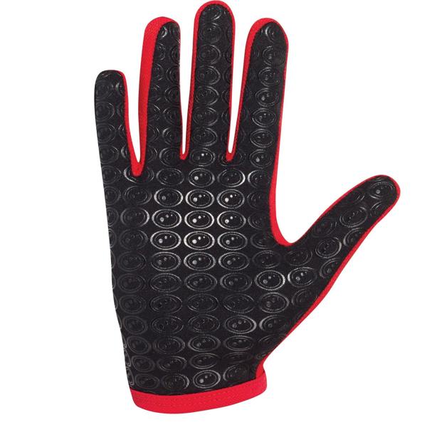 Black and red Optimum Multi-X glove, palm view with textured oval grip pattern and red trim on white - Optimum