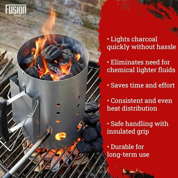 Fusion Food BBQ Coal Starter 19x27cm, Heavy-Duty Steel Charcoal Chimney Starter, Heat-Insulated Handle, Fast 20-Minute Ignition