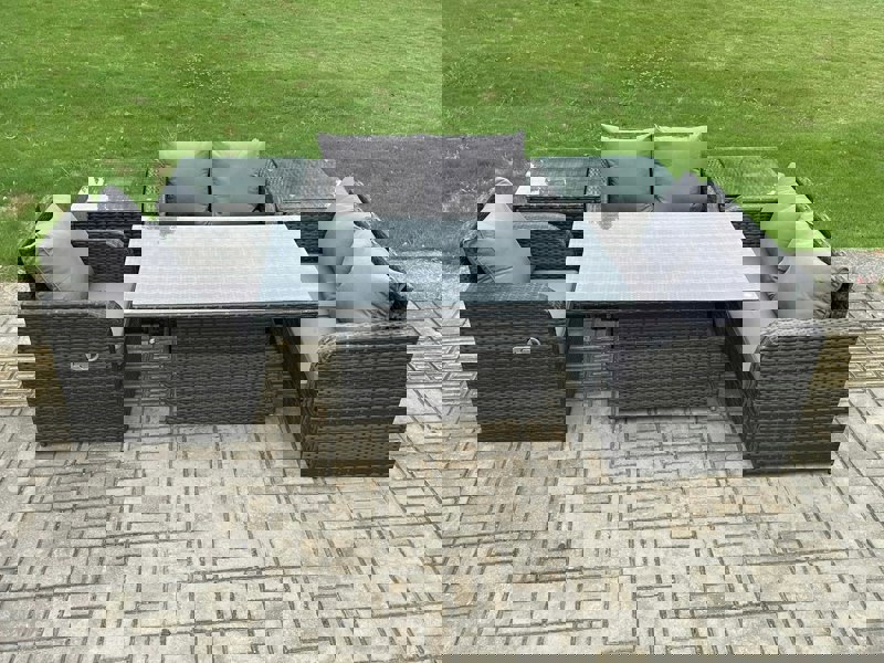Fimous 5 Seater Rattan Furniture Garden Dining Set Outdoor Height Adjustable Rising lifting Table Love Sofa Chair With 2 Side Tables