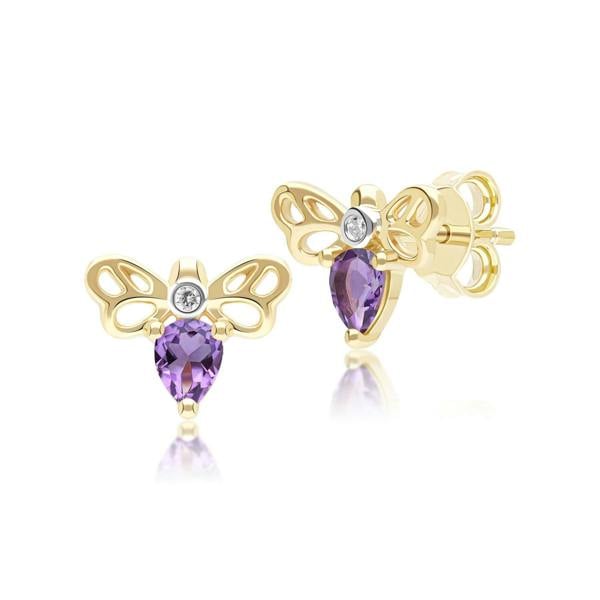 Gemondo Honeycomb Art Nouveau Pear Shape Amethyst and Diamond Bee Stud Earrings in 9ct Yellow Gold