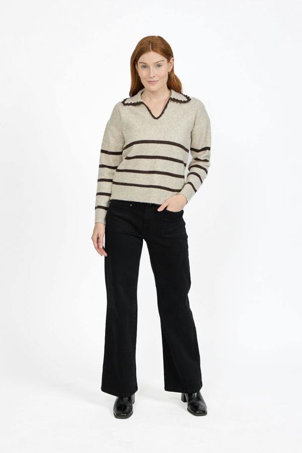 Mudflower Crochet Trim Collared Stripe Knit Jumper