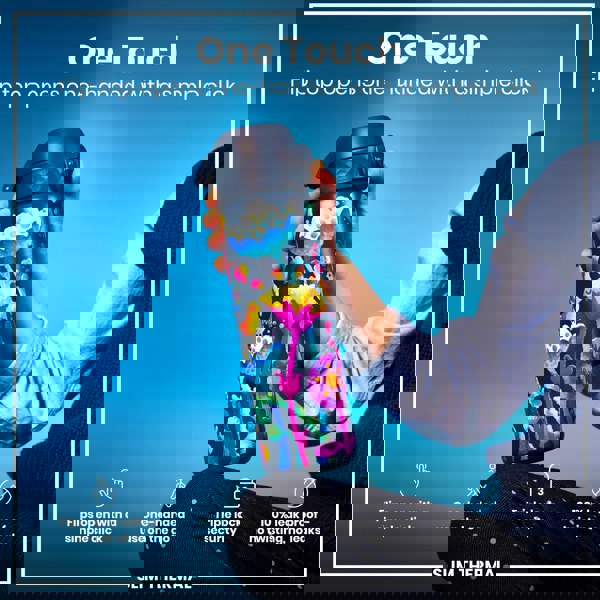 A colorful, slim thermal water bottle is held; its flip top opens one-handed. The bottle features a vibrant floral design against a dark background. The context is a promotional image highlighting the bottle's features.