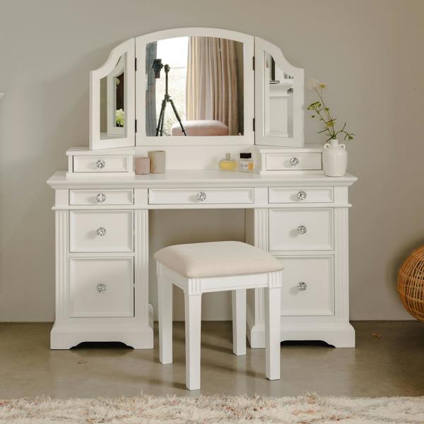 Gainsborough Pedestal Dressing Table Set with Crystal Handles. Large White Dressing Table Set