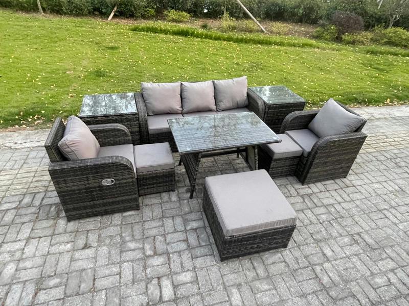 Fimous 8 Seater Rattan Wicker Set, Garden Patio Conservatory, Dining Table, Reclining Chair, 3 Seater Sofa, 3 Footstools and 2 Side Tables, Light Grey