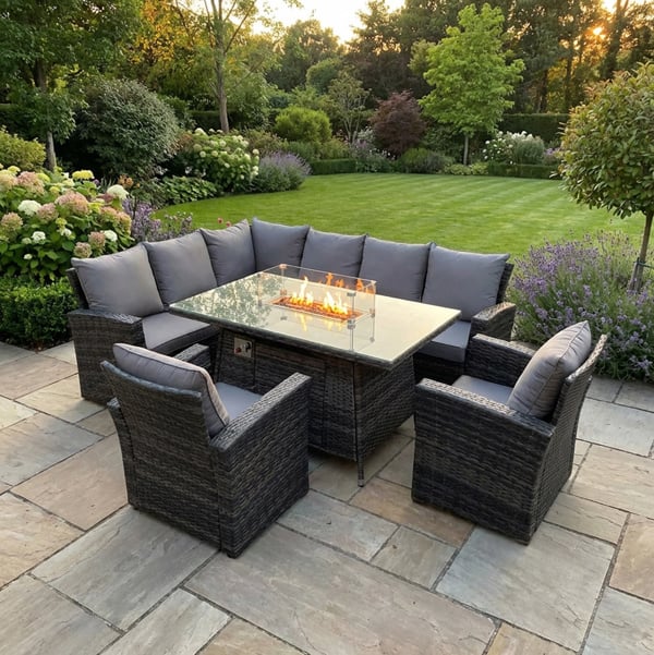 Fimous 8 Seater Rattan High Back Garden Furniture Set with Gas Fire Pit Dining Table