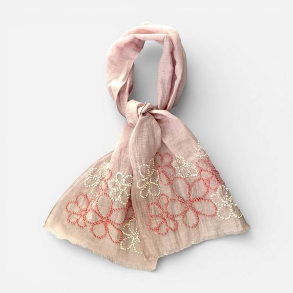Hayley & Co Hand Embroidered 100% Linen Scarf in Pale Pink with French Knot Flower details