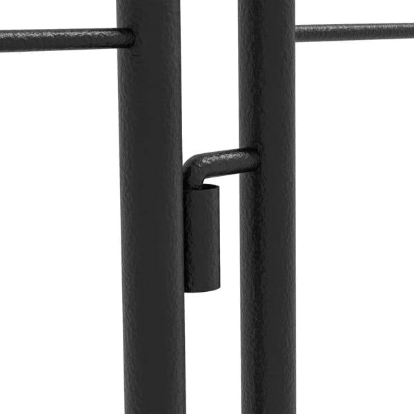 Close-up of black metal trellis brace and curved bar connection