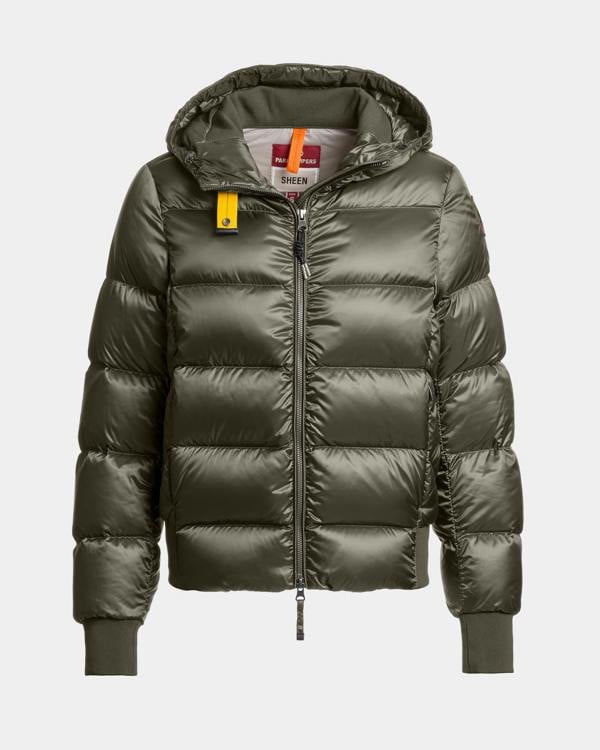 Parajumpers Mariah Womens Hooded Down Bomber Jacket - Taggia Olive 218 | CHO | Designer Womens Bomber Jackets