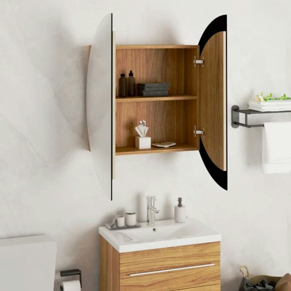 Berkfield Bathroom Cabinet with Round Mirror&LED Oak 54x54x17.5 cm