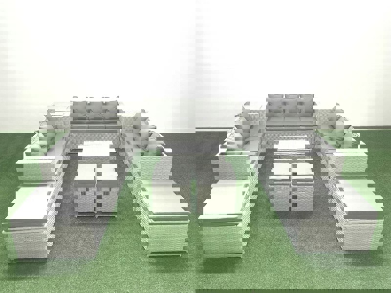 Fimous 9 Pieces Rattan Garden Furniture Set Outdoor Garden Sofa Coffee Table Set with Side Table 4 Footstools Light Grey Mixed