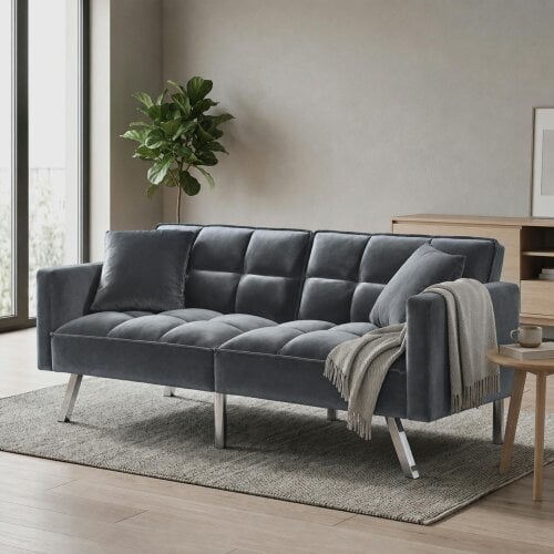 Kosy Koala Sofa Bed 2 Seater Grey Velvet Click Clack Sofa Settee Recliner Couch with Metal Legs Living Room Furniture