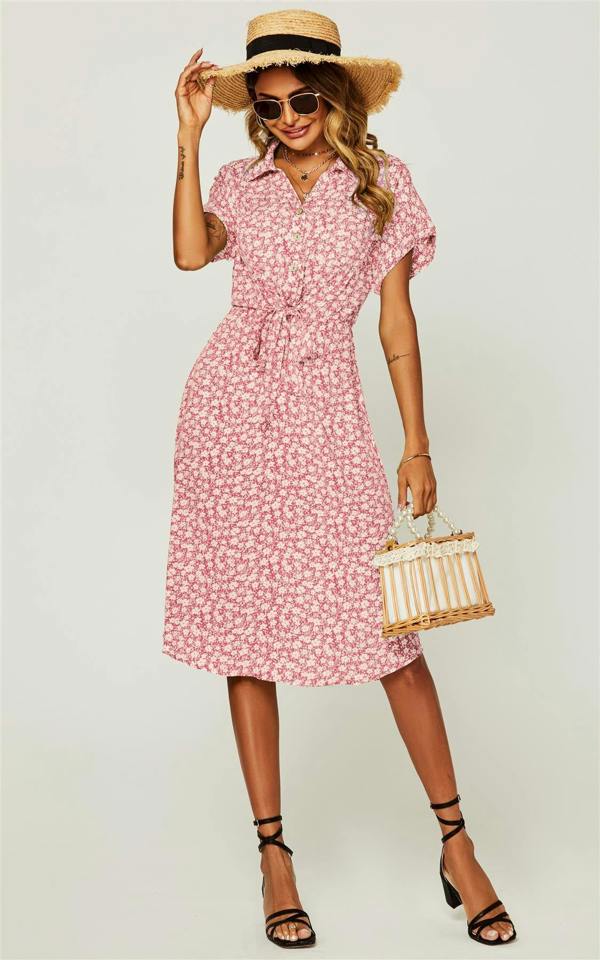 FS Collection Relaxed Floral Print Button Down Midi Shirt Dress In Pink