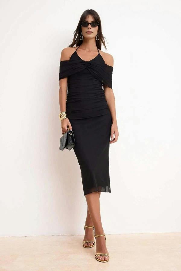 WOVCOR Draped Knitted Tulle Midi Lined Party Dress