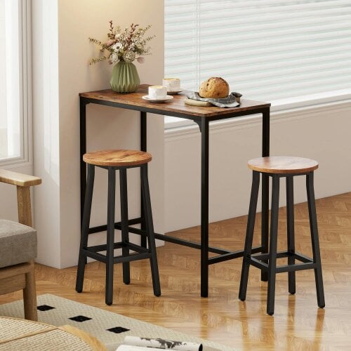 Wyld Haus Rema Set Of 2 Rustic Brown Industrial Round Bar Stools With Footrest 65cm