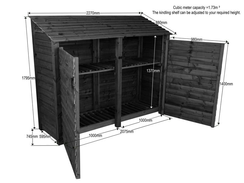 Arbor Garden Solutions Wooden Log Store with Doors and Shelf W-227cm, H-126cm or 180cm, D-88cm - Brown Finish