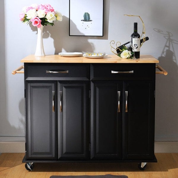 3ft Wooden Large Catering Trolley Cart Kitchen Cabinet with Drawer Kitchen Trolleys Living and Home Black