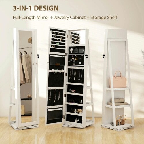 Bobobiy 360° Swivel Jewellery Cabinet, Lockable Jewellery Organiser with Built-in Makeup Mirror and Storage Shelves, White