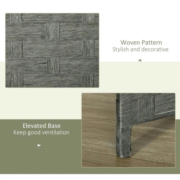 Grey room divider with woven panel texture and elevated base feet for stability