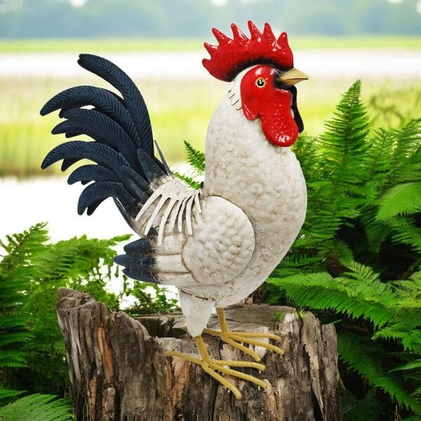 EDH Door Hardware Metal White Cockerel (44cm x 16cm x 36cm) – Handcrafted Rustic Rooster Garden Ornament Farmyard Statue