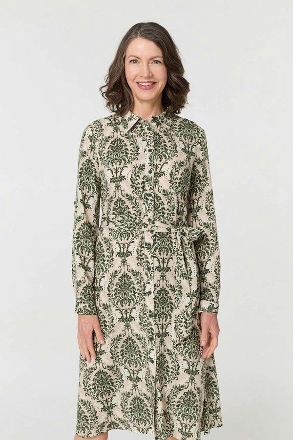 Green | Baroque Print Tie Waist Midi Shirt Dress
