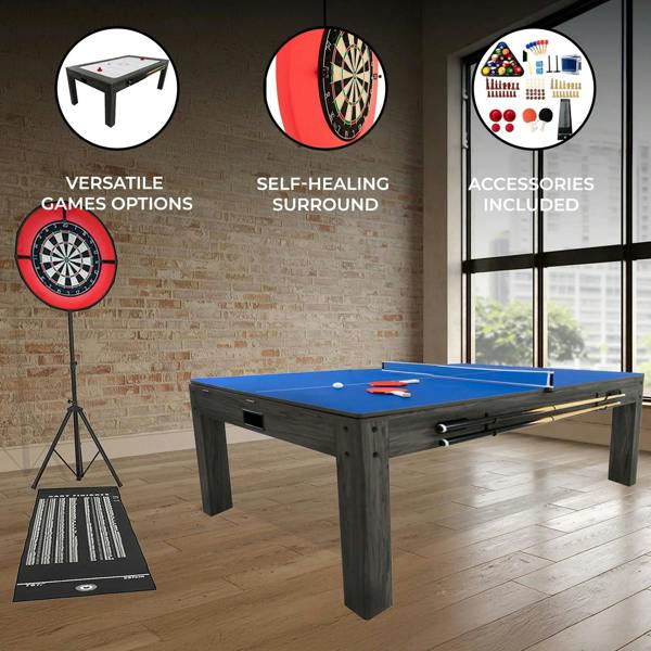 7-in-1 grey games table with blue felt top, self-healing dartboard, and LED light, perfect for versatile gaming options