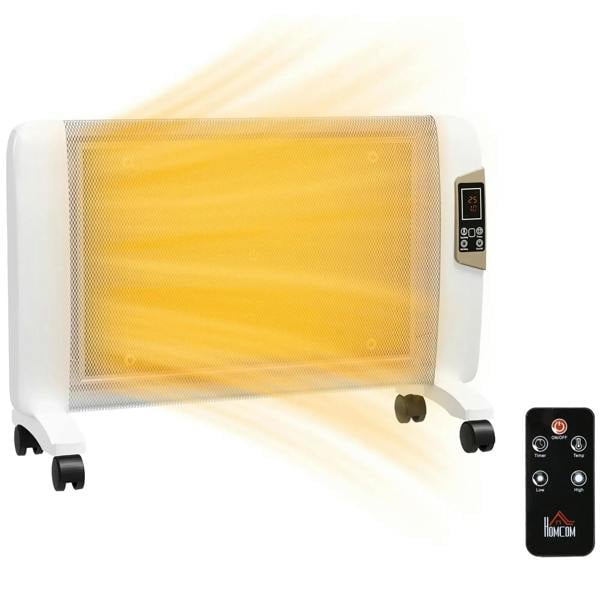 White portable electric space heater with front grille, display, and buttons