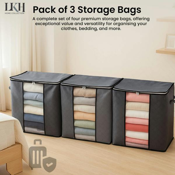 LKH HOME COLLECTION LKH Clothes 3 Pack Storage Bags 90L - Foldable Fabric Storage Boxes - Non-Woven with Handles & Zipper for Bedding & Wardrobe