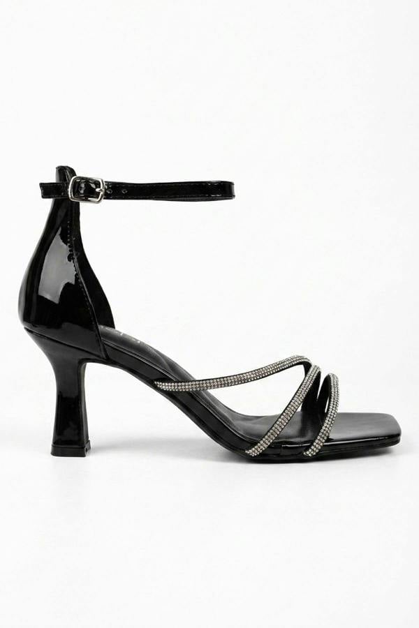 Saoirse Patent Rhinestone Strap Square Sandals - Black