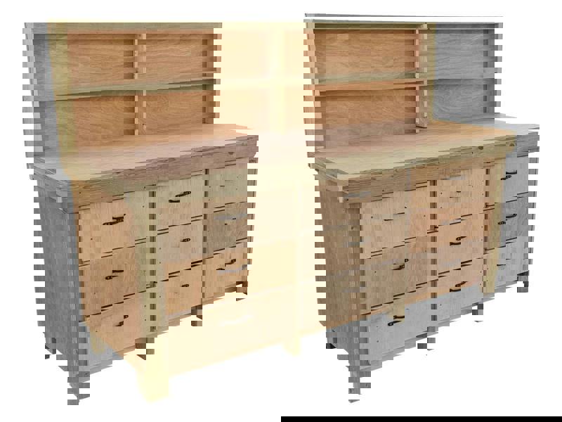Wooden eucalyptus Top Workbench – Sturdy Tool Cabinet with Multiple Drawers for Organized Storage and Back Panel, Ideal for Dry Indoor Spaces Such as Garages, Workshops, and Studios