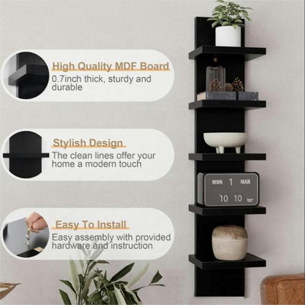 Havendro 5 Tier Vertical Wall Shelf Floating Storage Decorative Display Unit-Black