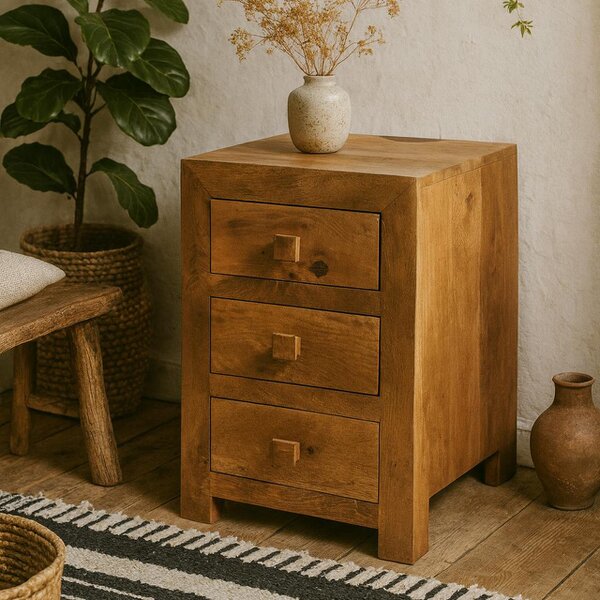 Wyld Haus Manila Light Mango Wood Modern 3 Drawer Bedside Table